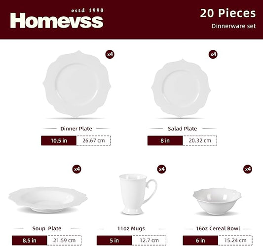 HomeVss, New Bone China Dinnerware Set, Embossed Lotus Design, 20pc Set