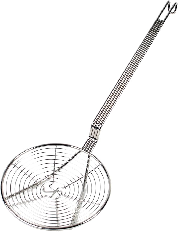 TrueCraftware- 7-Inch Round Spiral Wire Skimmer with 13" Handle Length Nickel Plated- Kitchen Utensil Food Strainer Skimmer Spoon for Cooking Sieve Sifters Rice Quinoa Pasta Fruits Vegetables etc.