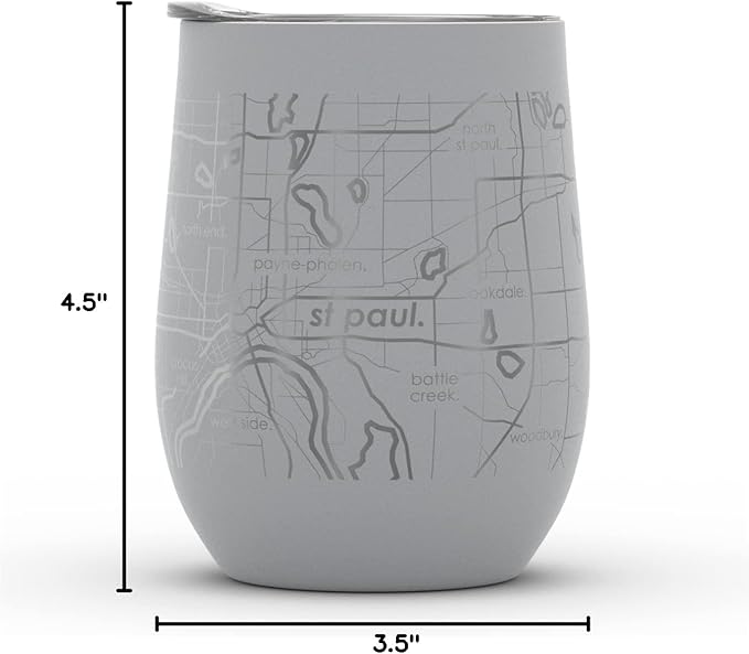 Well Told Engraved Minneapolis Minnesota Map Insulated Wine Tumbler, Etched Stainless Steel Cup (12 oz, Dockside Gray) City Map Insulated Tumbler, Custom Insulated Tumbler, Outdoor Drinkware