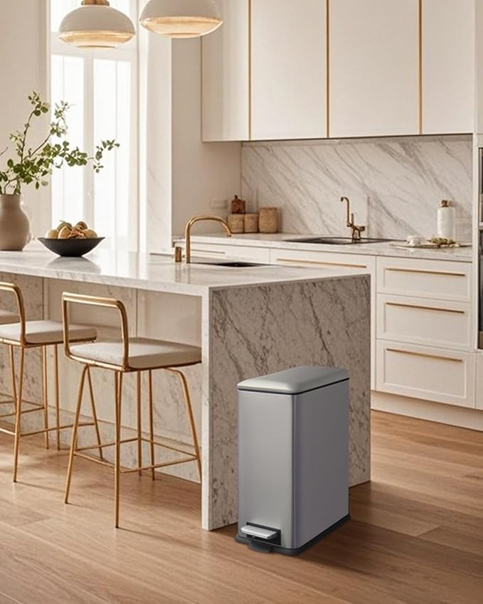 8 Gallon Slim Trash Can with Soft Close Lid, Stainless Steel Trash Can with Removal Inner Bucket, Hand -Free Trash Bin for Kitchen, Office, Laundry, Bathroom, 30 Liter Capacity, Kohler Grey