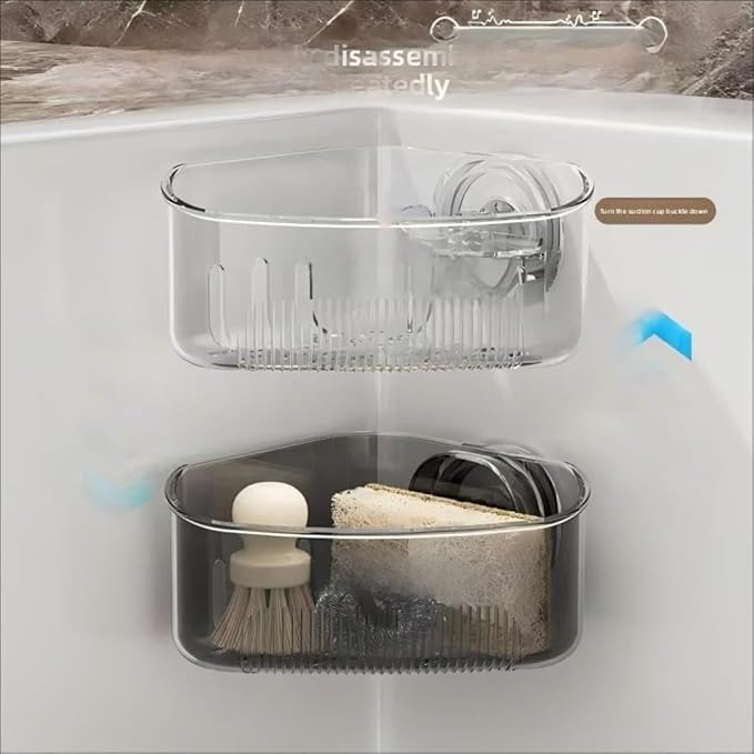 Kitchen Sink Storage Rack Suction Cup Corner Organizer for Sinks Drill-Free Triangular Sink Rack with Drain Basket Includes Adhesive Sponge and Soap Dish 2-Piece Set for Countertop Organization