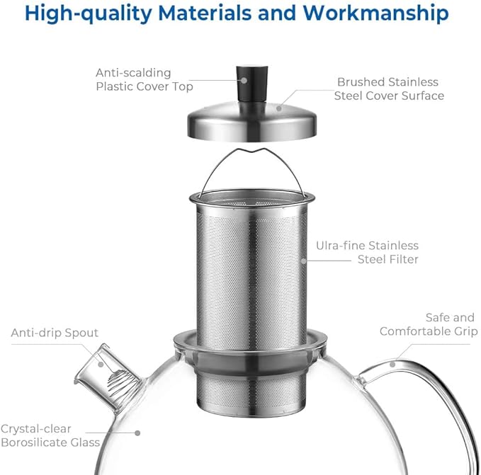 67oz XL Large Glass Teapot with Infuser Stovetop Safe, Tea Pots for Loose Tea Glass, Glass Tea Kettle for Stove Top, Clear Teapot with Strainer for Loose Tea (2000 ml)