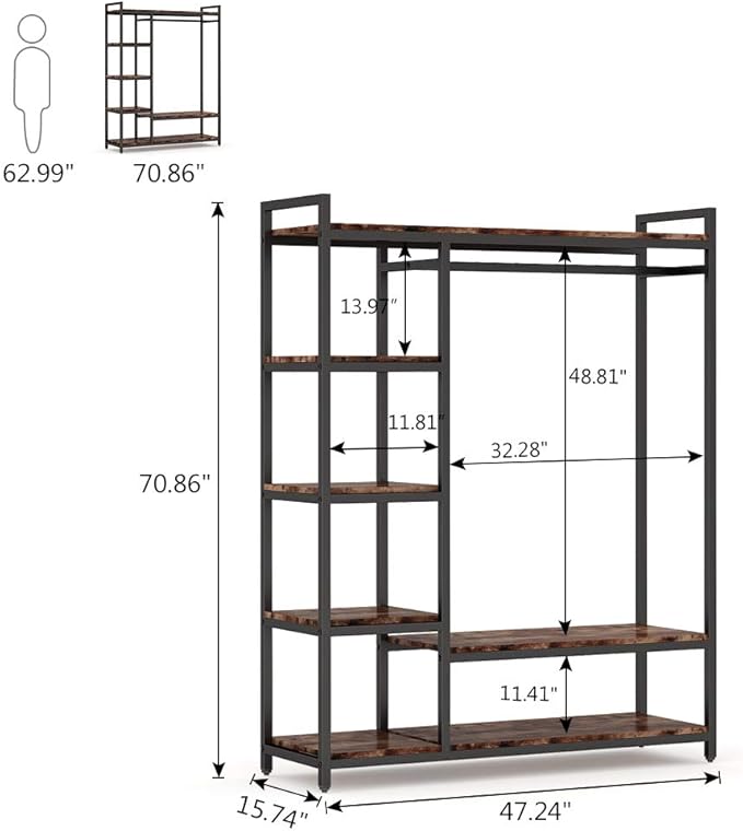 LITTLE TREE Free Standing Wood Closet Clothes Rack,Heavy Duty Grament Rack with Shelves,Hanging Racks for Clothes Clothing Rack for Bedrom,Wardrobe Closet Organizer,350 lb Capacity,Rustic