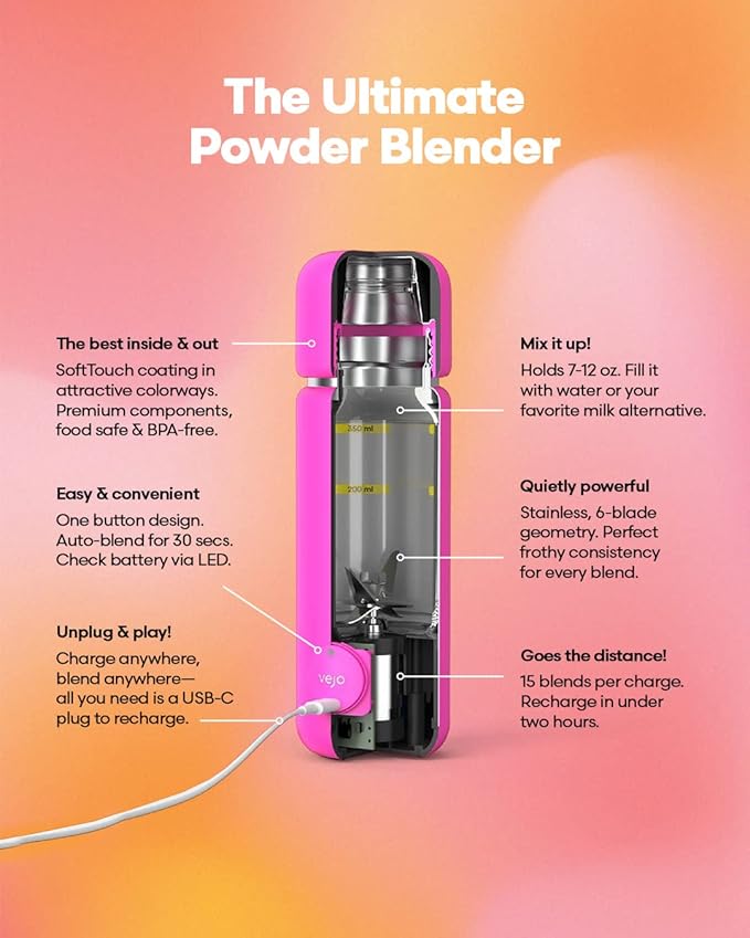 Vejo Portable Travel Blender for Protein Shakes & Powders | 12oz Rechargeable Personal Mixer Bottle | Stainless Steel Interior | Fits Car Cup Holders | Dishwasher Safe | Gym, School, Outdoors, Black