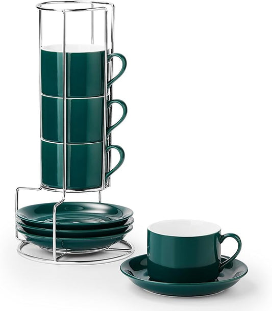 5 Ounce Green Porcelain Stackable Espresso Cups with Stainless Steel Holder, Set of 4, Durable Ceramic, Perfect for Home, Office or Gift