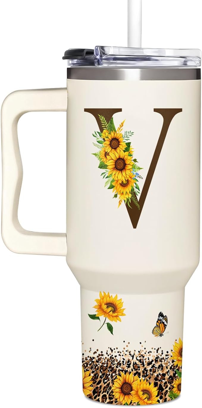 Personalized Birthday Gifts For Women - Sunflowers Monogrammed Cup For Boss Day, Christmas - Customized Gifts For Women, Mom, Wife, Coworkers, Boss Lady, Her - Custom Tumbler With Handle 40oz