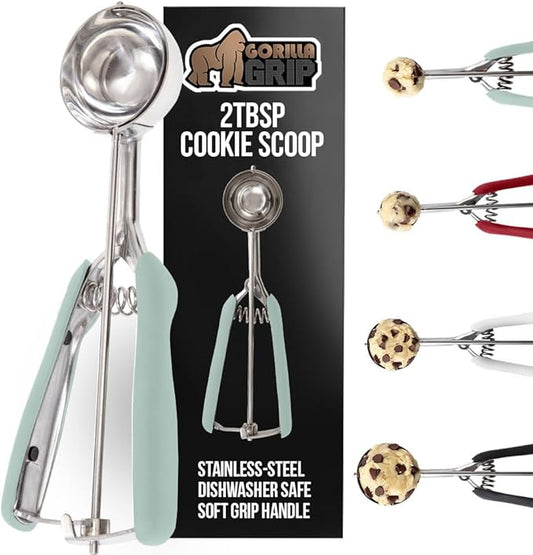 GORILLA GRIP BPA-Free Stainless Steel Cookie Scoop, 2 TBSP Scooper #40, Soft Grip Handle, Easy Food Release, Create Even Portion Sizes, Multipurpose Kitchen Melon Baller, Meatball Spring Scoops, Mint
