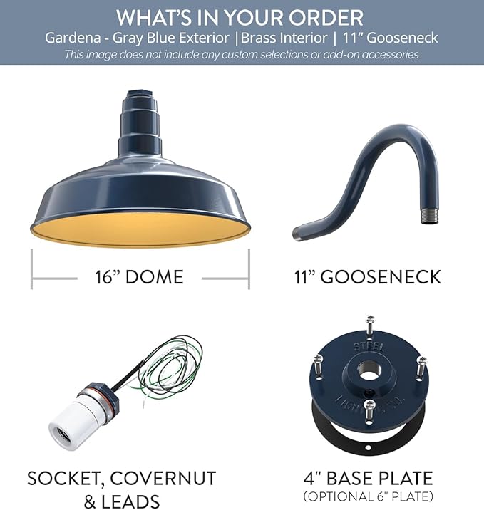 Steel Lighting Co. | Dusk to Dawn | Gardena Barn Light | Outdoor Wall Mounted | 16" Dome | 11" Gooseneck | Farmhouse Light Made in America | Gray Blue/Brass