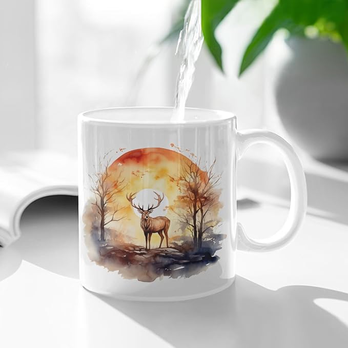Coffee Mugs Deer Pattern Ceramic Latte Mug with Handle 11 OZ for Men Women for Latte Cappuccino Cocoa Milk Dishwasher & Microwave Safe