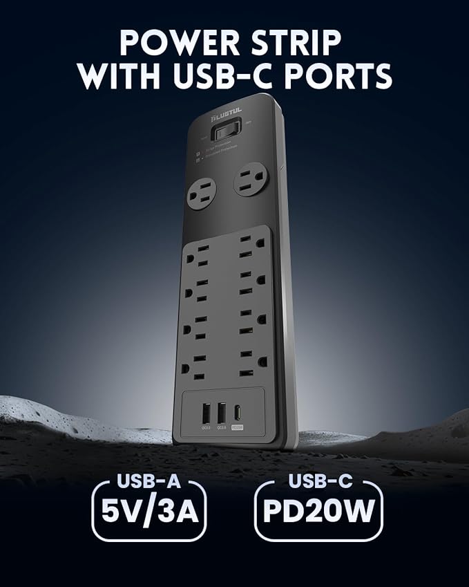 Surge Protector Power Strip 15FT, PLUGTUL Surge Protector with 10 Outlets - Spacious Design for Large Plugs, Flat Plug, 20W USB C Charging for Home, Office, ETL Listed, 2040J