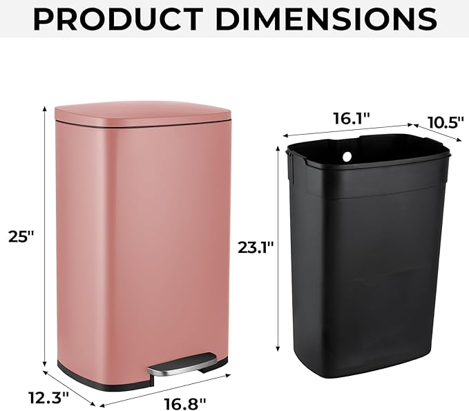 13.2 Gal Kitchen Trash Can, 50L Recycling or Garbage Bin, Brushed Stainless Steel Waste Basket, Soft&Quiet Close Dustbin, with Step-On Pedal, Removable Inner Bucket, for Home, Office, Living Room