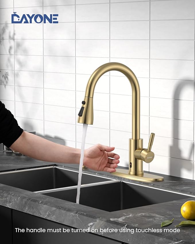 DAYONE Gold Touchless Kitchen Faucet with Soap Dispenser 3-Mode, Brushed Gold Motion Sensor Hands-Free Automatic Sink Faucet with Pull Down, Stainless Steel Single Handle Smart Faucets for Kitchen