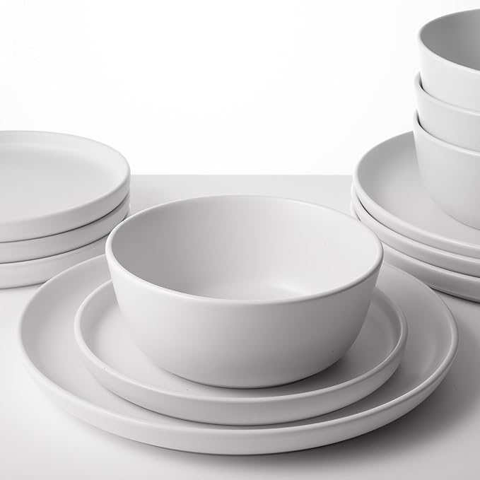 Dinnerware Sets, Stoneware Dinnerware Sets, Plates and Bowls Sets, Dishes, 12-Piece Service for 4, White