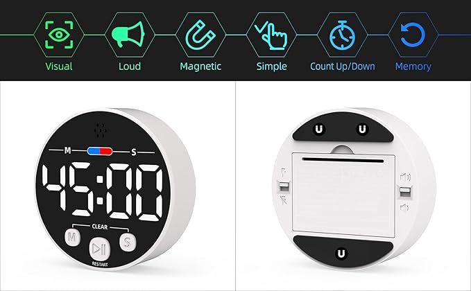 Large LED Digital Timer, Magnetic Countdown Loud Timer for Kitchen Cooking, Classroom Whiteboard, Kids, Toddler, Game, Productivity, Focus, Work, Task, Office, Meeting – Small, Simple, Visual, White