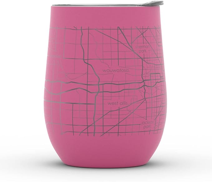 Well Told Engraved Milwaukee Wisconsin Map Insulated Wine Tumbler, Etched Stainless Steel Cup (12 oz, Sunset Pink) City Map Insulated Tumbler, Custom Insulated Tumbler, Outdoor Drinkware