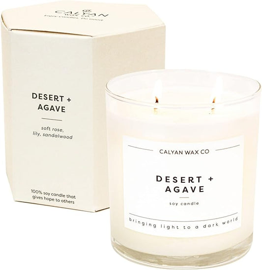 Calyan Wax Co. Desert & Agave 2 Wick Scented Candle - 37 Hour Burn - Luxury Non Toxic Soy Wax Candles - Long Lasting Large Glass Jar Candle for Home - 8.8oz
