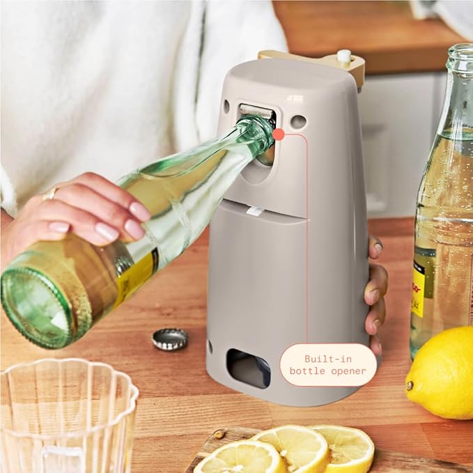 Beautiful Electric Can Opener with Auto-Turn, Magnetic Lid Holder, Knife Sharpener, Bottle Opener, Removable Lever, Cord Storage, No-Tilt Base, Stainless Steel Blade, 70W (Porcini Taupe)