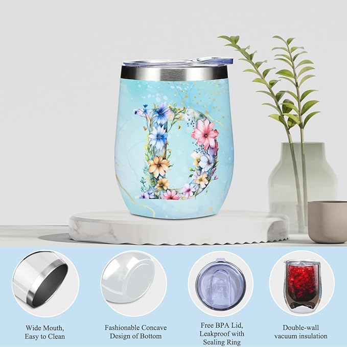 Personalized Gifts Monogrammed Birthday Gifts for Women, Niece Auntie Boss Teacher Appreciation Christmas Initial Wine Tumbler Makeup Bag Scented Candle Bracelet Set, (Aesthetic Blue Flower D)