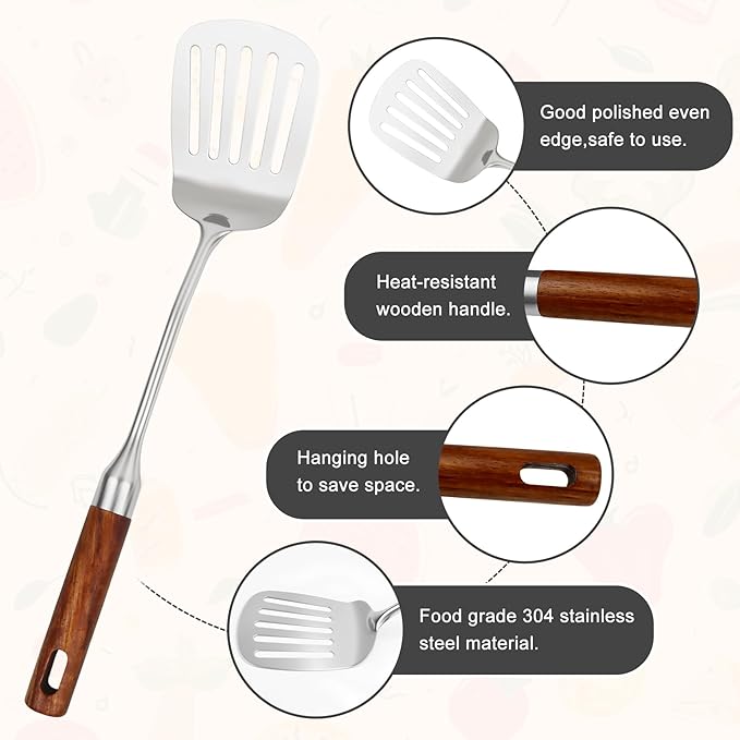 Stainless Steel Kitchen Utensils Set with Wood Handle,10PCS Metal Cooking Utensils Set, Stainless Steel Cooking Utensils Sets Heat Resistant Wok Tools(12-15in)