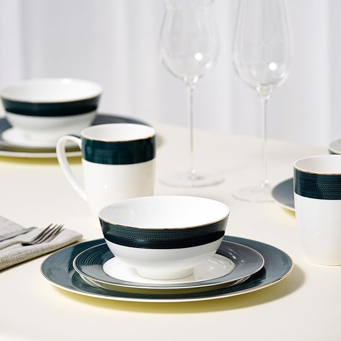 16-Piece Fine Bone China Dinnerware Set, Dinner Plates,Bowls and Mugs Set, Dishware Set for 4, With Selected Christmas Premium Red and Green pattern, White Embossed Spot Ornament and Gold Rim