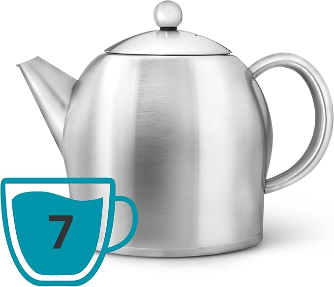 bredemeijer Santhee Double Walled Teapot, 1.4-Liter, Stainless Steel Satin Finish with Satin Accents
