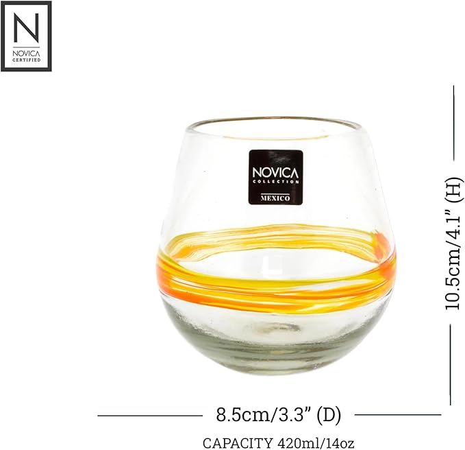 NOVICA Clear Yellow Stripe Hand Blown Glass Stemless Wine Glasses, 14 Oz, Round Ribbon Of Sunshine' (Set Of 6)