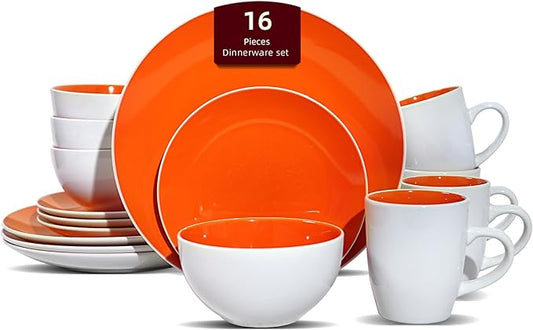 Stoneware Coupe Shape 16pc Dinnerware Set, Outside White + Inside Coral