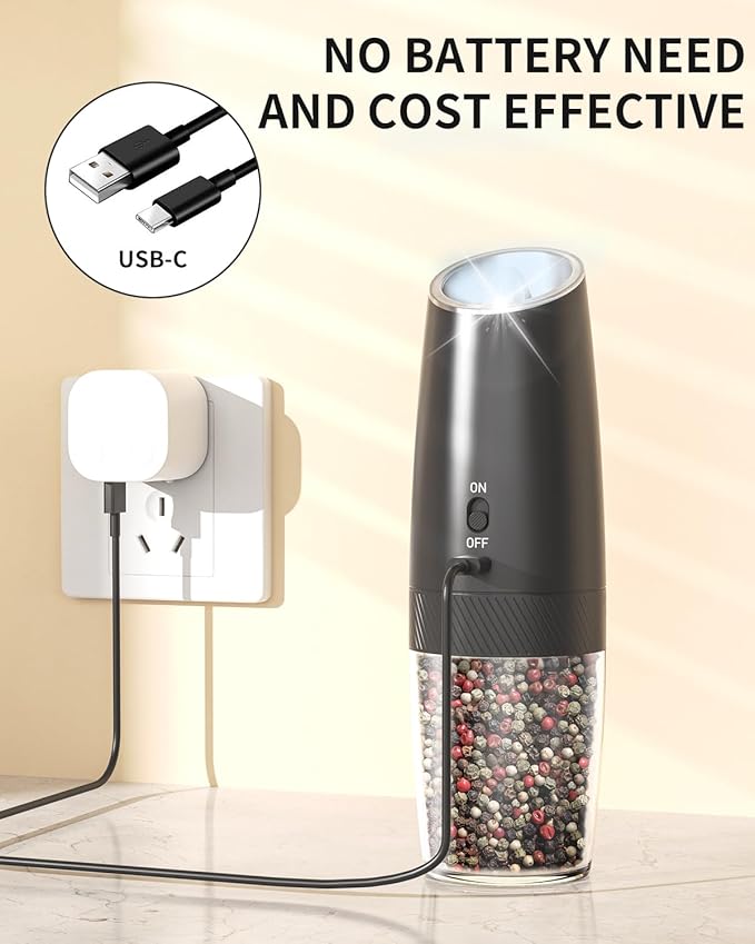CIRCLE JOY Rechargeable Electric Salt and Pepper Grinder Set Gravity Salt and Pepper Mills Set with LED Light, No Battery Needed, Adjustable Coarseness, Washable 135ml Container, Black