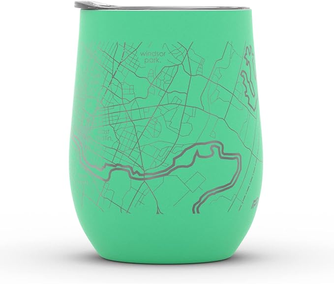 Well Told Engraved Austin Texas Map Insulated Wine Tumbler, Etched Stainless Steel Cup (12 oz, Sunday Green) City Map Insulated Tumbler, Custom Insulated Tumbler, Outdoor Drinkware