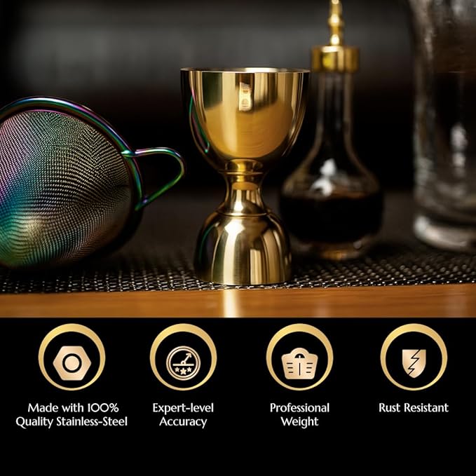 Double Bell Jigger by Bull In China - 0.25oz to 2oz Measures for Cocktails, Bars & Bartenders (Gold)