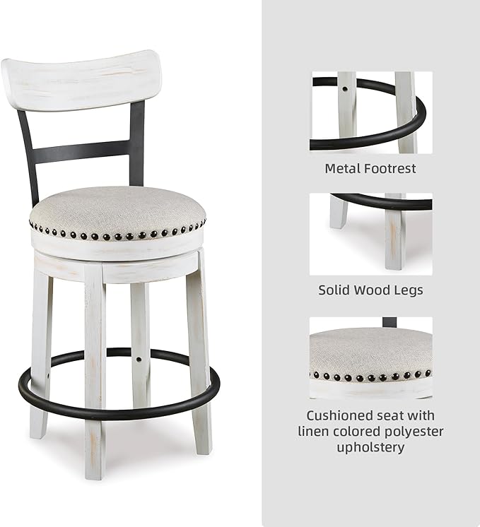 Signature Design by Ashley Valebeck | Modern Swivel 24.5" Counter Height Barstool – Rustic-Industrial Whitewash, Upholstered Cushion, 360° Swivel, Nailhead Trim