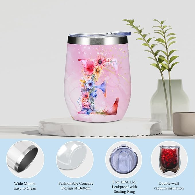 Personalized Gifts Monogrammed Birthday Gifts for Women, Daughter Bestie Friendship Christmas Halloween Initial Wine Tumbler Makeup Bag Scented Candle Bracelet Set, (Aesthetic Pink Flower E)