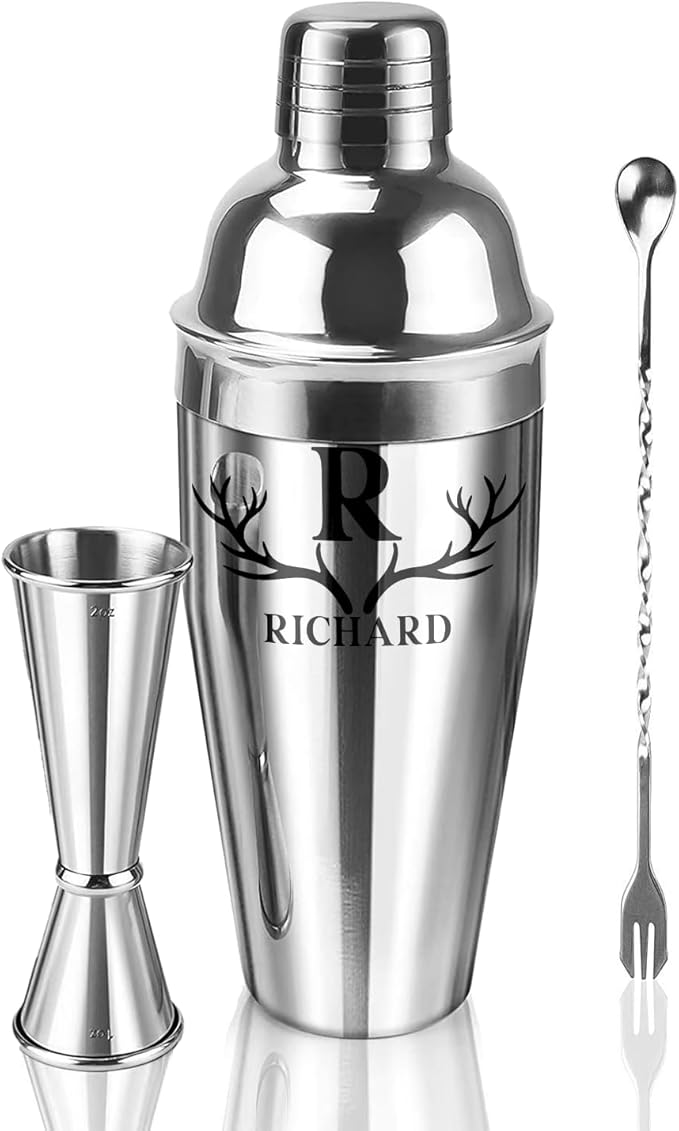 Personalized Cocktail Shaker 24oz - Custom Stainless Steel Bar Kit with Engraved Name, Built-in Strainer & Measuring Jigger & Spoon, Gift for Bartenders & Cocktail Lovers (Antler Design)