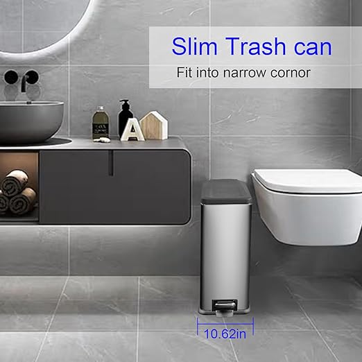 12 Gallon Trash Can, Stainless Steel Trash Can with Fingerprint-Resistant, Removal Inner Buck &Soft Close Plastic Lid, Step Garbage Can for Kitchen and Office, 45 Liter Capacity