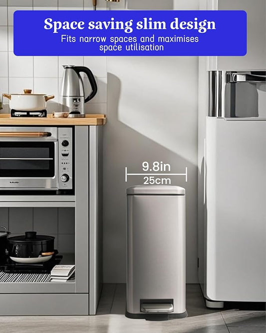 8 Gallon Slim Trash Can with Soft Close Lid, Stainless Steel Trash Can with Removal Inner Bucket, Hand -Free Trash Bin for Kitchen, Office, Laundry, Bathroom, 30 Liter Capacity, Kohler Grey
