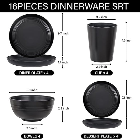 LIYH 16 Pcs Black Wheat Straw Dinnerware Set - Unbreakable Plates and Bowls Sets, Dish Sets for 4, Black Plastic Dinnerware Set Include Wheat Straw Dinner Plates Bowls Cups Kitchen & Camping