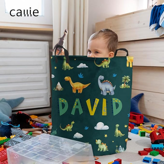 callie Personalized Dinosaur Laundry Basket for Kids, Waterproof Collapsible Laundry Hamper, Clothes Toys Storage Bin for Bedroom Nursery (13.8" x 16.5", 15.7" x 19.6")