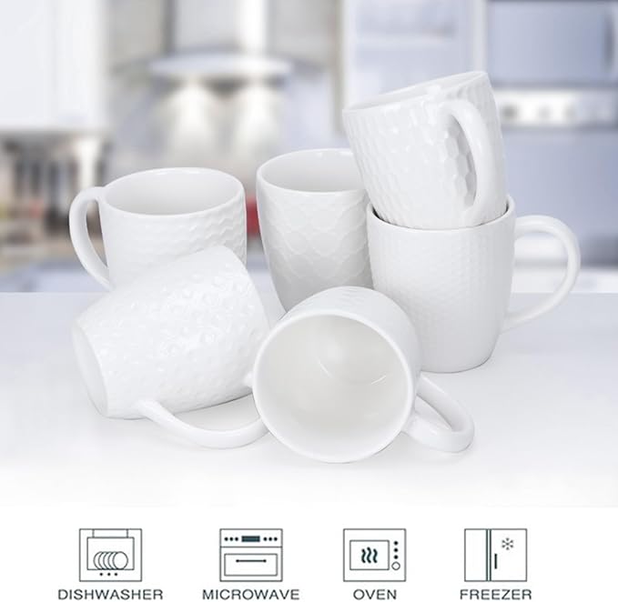 Schliersee 16 OZ Coffee Mugs Set of 6, White Ceramic Coffee Mug, Geometric Pattern Coffee Cups for Latte, Tea, Cappuccino, Mocha, Cocoa, Espresso cups
