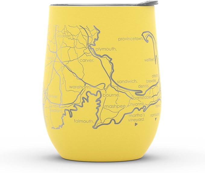 Well Told Engraved Cape Cod Massachusetts Map Insulated Wine Tumbler, Etched Stainless Steel Cup (12 oz, Sunrise Yellow) City Map Insulated Tumbler, Custom Insulated Tumbler, Outdoor Drinkware