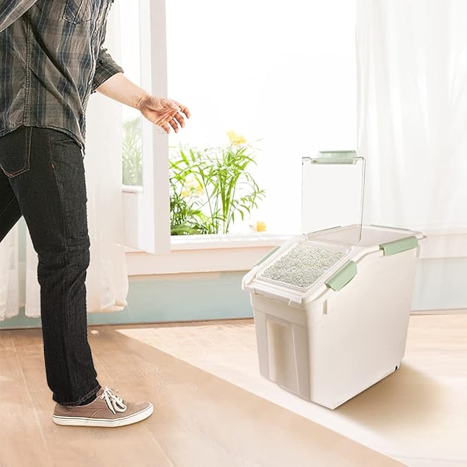 Airtight Flour Storage Container 25 lb Rice Storage Container with Wheels Seal Locking Lid, Food Containers with Measuring Cup& Scoop for Flour, Rice, Grain(Cyan)