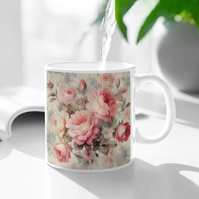 Coffee Mugs Ceramic Latte Mug with Handle Vintage Rose Pattern 11 OZ for Men Women for Latte Cappuccino Cocoa Milk Dishwasher & Microwave Safe