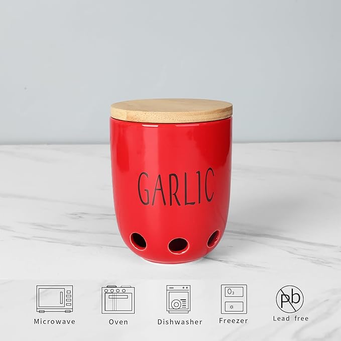 HAOTOP Ceramic Garlic Keeper for Counter, Garlic Saver Container with Wood Lid, Garlic Keeper for Kitchen, Garlic Holder to Keep Your Garlic Cloves Fresh Longer (Red)