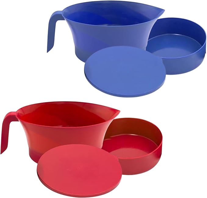 3-Piece Colander Grease Strainer Set – 2-Pack Red and Blue Grease Separator with Handle, Container & Lid – Strains Bacon, Pasta, Ground Beef – BPA-Free Kitchen Gadget