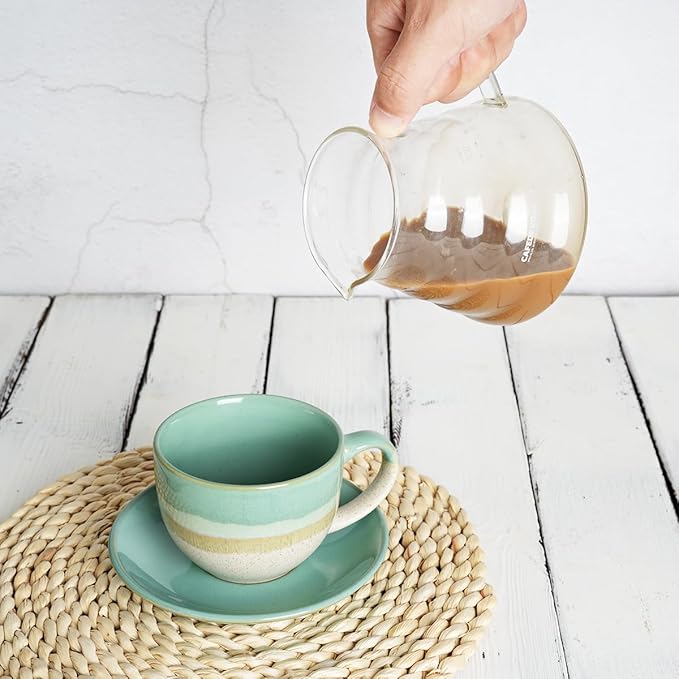 Bosmarlin Ceramic Cappuccino Cup and Saucer Set of 2, 10 Oz, Coffee Cups for Latte, Espresso, Tea, Dishwasher and Microwave Safe (Mint Green)