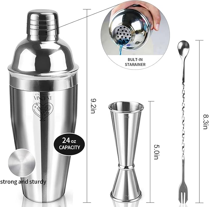 Personalized 24oz Cocktail Shaker Set, Custom Engraved Stainless Steel Martini Shaker with Measuring Jigger & Mixing Spoon, Professional Bar Tools Gift for Bartenders, Cocktail Enthusiasts & Beginners