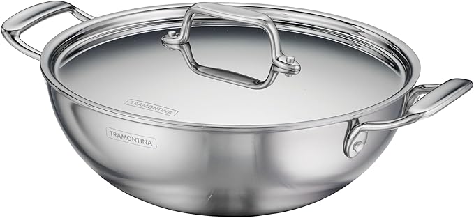 Tramontina Utsava Tri-Ply Clad Stainless Steel 4-Quart Kadai with Lid and Ceramic Non Stick Interior, Induction-Ready Large Kadhai Pot for Indian Cooking