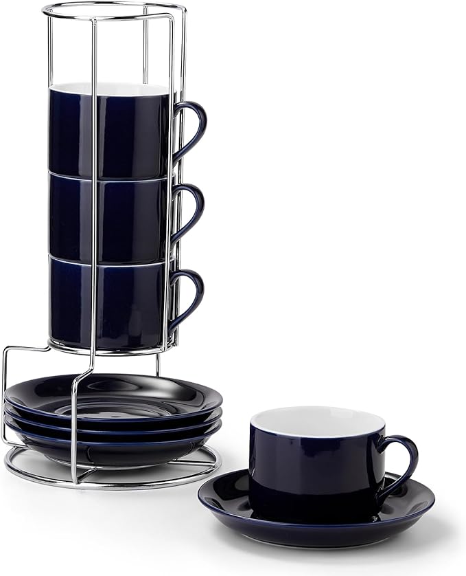 8 Ounce Blue Porcelain Stackable Cappuccino Cups with Stainless Steel Holder, Set of 4, Durable Ceramic, Perfect for Home, Office or Gift