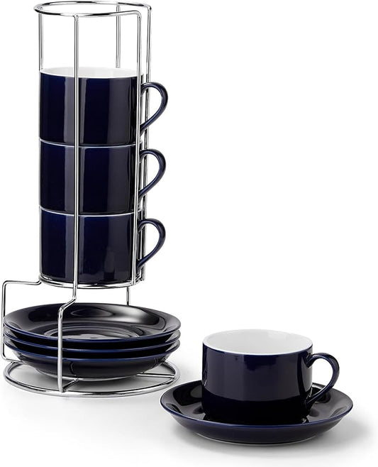 8 Ounce Blue Porcelain Stackable Cappuccino Cups with Stainless Steel Holder, Set of 4, Durable Ceramic, Perfect for Home, Office or Gift
