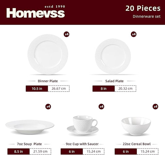 HomeVss, New Bone China Dinnerware Set, Embossed Diamond Design, 20pc Set