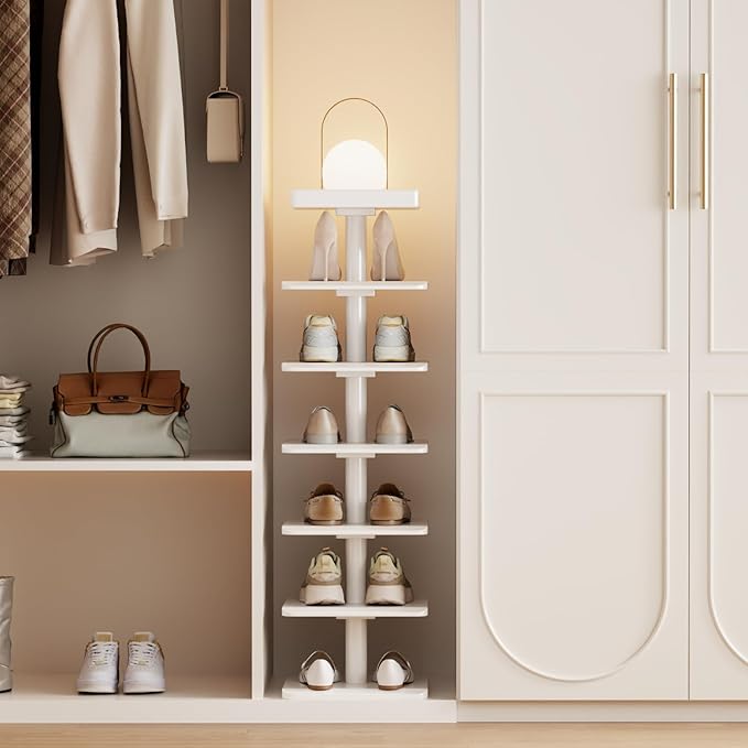 Narrow Shoe Rack for Entryway - Wood Narrow Shoe Rack with Compact Design for Small Space, 6-Tier Shoe Organizer for Entryway Hallway Bedroom Closet